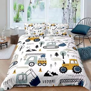 Eenpersoons Dekbedovertrek 140 x 200 - Voertuigen - Vrachtwagen - Graafmachine - Tractor - Bulldozer - Peuter - Kleuter - Kind - Mooie Kwaliteit - Jongen