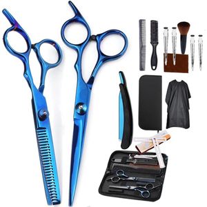 Professionele Haar Schaar Set - 14 Delen - Thinning Schaar en Extra Scherpe Clippers met Kam en Clips voor Heren en Dames (Blauw, 16 cm)