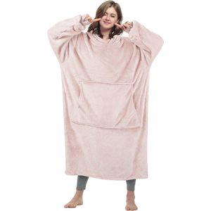 Extra grote fleece capuchondeken voor volwassenen en kinderen - draagbare, zachte en comfortabele sweatshirtdeken met capuchon in roze
