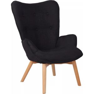 In And OutdoorMatch Luxe loungestoel Nolan - Eetkamerstoel - Zwarte stof - Houten poten - Set van 1 - Zithoogte 49 cm - Deluxe
