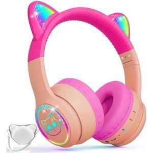 StayPowered Kinder Bluetooth Hoofdtelefoon - Perfect voor School & Reis - Veilig Volumeniveau - Heldere Geluidskwaliteit - met LED - Draadloos & Bekabeld - Versterkt Materiaal - Lange Batterijduur - Roze - Levering Sneller dan Aangegeven!