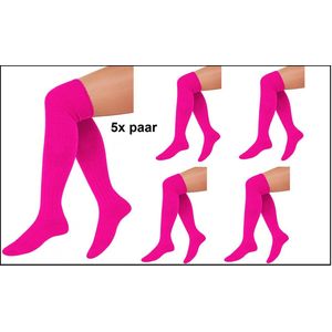 5x Paar Lange sokken fluor roze gebreid mt.41-47 - knie over - Tiroler heren dames kniekousen kousen voetbalsokken festival Oktoberfest voetbal