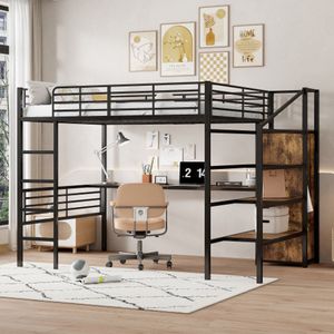 Hoogslaper, 140*200cm, zonder matras, bureau, open kleerkast, trapje voor opbergruimte, ijzeren frame, zwart