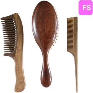 Frazimashop - Sandel hout Haarborstel, grove Kam en puntkam set - Voor Alle Haartypen - set van sandel houten materiaal- 3 stuks