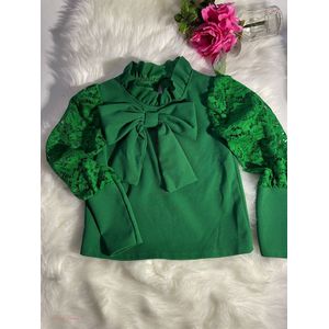 Meisjes blouse met Lintje - Groen - Maat 140