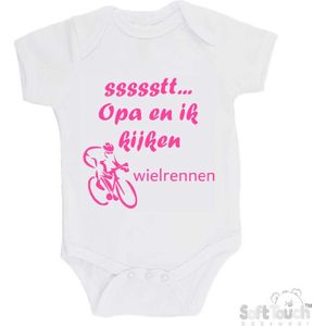 100% katoenen Romper ""ssssstt... Opa en ik kijken wielrennen"" Meisjes Katoen Wit/roze Maat 62/68