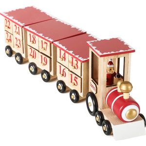 BRUBAKER Herbruikbare Houten Adventskalender zelf te vullen - Rode locomotief met 24 deuren - doe-het-zelf-kalender 47,5 x 9,5 x 14 cm