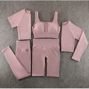 Gymset - LIGHT RIBBED - Maat S - Oudroze - Roze - 5delig - Fitness set - Sportkledingset - Sportset - Sporttop - Yogaset