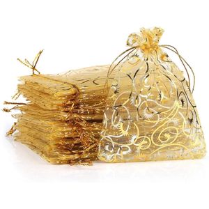 100 stuks - Wijnstok Organza Zakjes Lint Cadeau Zakjes - Geschikt voor Kerstmis, Bruiloften, Feesten, Sieraden Zakjes, Wimper Stijl (Goud, 10*12cm)