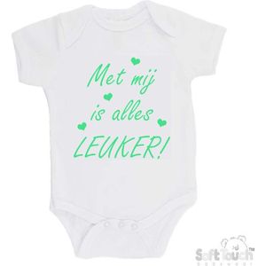 100% katoenen Romper "Met mij is alles LEUKER!" Unisex Katoen Wit/mint Maat 56/62