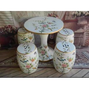 Fine Asianliving Keramische Kruk Table Set White Flowers Handmade - Niamh Keramiek Bijzettafel Porselein Stoel Tuinkruk