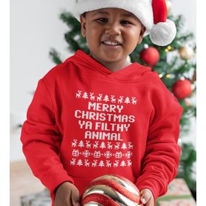 Kerst Hoodie Rood Kind - Merry Christmas Ya Filthy Animal Red (5-6 jaar - MAAT 110/116) - Kerstkleding voor jongens & meisjes