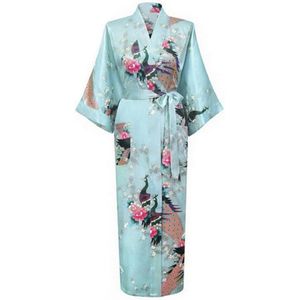 KIMU® Kimono Lichtblauw Maxi - Maat L-XL - Yukata Satijn Lang - Lange Lichtblauwe Ochtendjas Japanse Kamerjas Sexy Satijnen Badjas Geisha Pauw Pyjama Festival