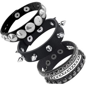 Zwart Punk Studded Armband Set - 3 stuks, Verstelbaar Lederen Armbanden