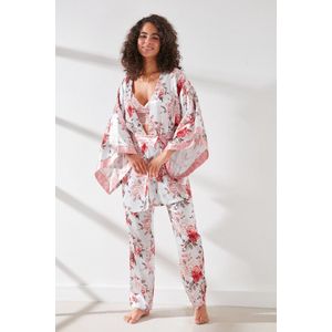 AMARANTA- Cadeau-Satin 3 Piece Nightgown Set- 3 stuk Satijnen Pyjama set-Roze/Ecru kleur-maat L