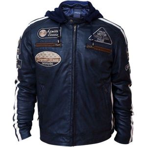 Urban 5884Â® - Fifty Eight - Heren Motorjas - Lams Leer- Donkerblauw â€“ Afritsbare Hoodie - Maat 3XL