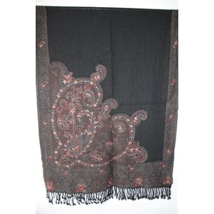 1001musthaves.com Zwart bruine wollen dames sjaal met fijn meerkleurig borduurwerk 70 x 180 cm