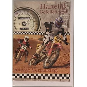 Hartelijk gefeliciteerd met je verjaardag! Als motorcross helemaal jouw ding is, dan is dit deze kaart iets voor jou met een afbeelding van twee leuke motoren. Een dubbele wenskaart inclusief envelop en in folie verpakt.