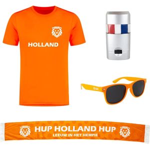 Koningsdag shirt Classic met sjaal, zonnebril en schminkstift - Voetbalshirts volwassenen - Koningsdag - Oranje shirt - Polyester sportshirt - Accessoires - Maat M