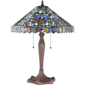 Tiffany Tafellamp Ø 47x60 cm  Beige Blauw Glas Kunststof Rond Tiffany Bureaulamp Tiffany Lampen Glas in Lood