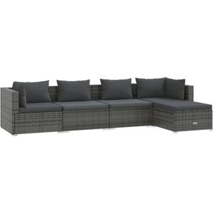 VidaXL 5-delige Loungeset met Kussens - Poly Rattan Grijs