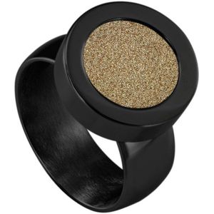 Quiges RVS Schroefsysteem Ring Zwart Glans 16mm met Verwisselbare Glitter Goudkleurig 12mm Mini Munt