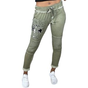 Dilena fashion jogging broek met skull hoofd van paillette groen