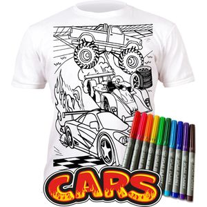 Splat T- shirt - Kleur telkens opnieuw je mooie T shirt - met verschillende coole Auto's - 3-4 Jaar