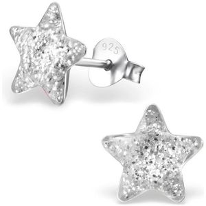 Aramat jewels ® - Kinder oorbellen ster 925 sterling zilver 9mm witte glitter