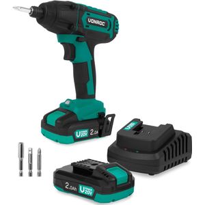 VONROC Accu Slagschroevendraaier 20V – 180Nm – Opname: 6,35 mm ¼” - Incl. Schroefbits, mag-netische bithouder en dophouder - Incl. 2x 2.0Ah Accu en Snellader