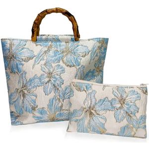 Twenty Two handtas voor vrouwen + klein tasje | Tote tas | vintage handtas | handgemaakt geborduurd handtas | schoudertas | bamboe handgrepen | ritssluiting | elegante handtas voor vrouwen | 2-delig | 30x10x27cm | bloemen print lichtblauw-blauw-goud