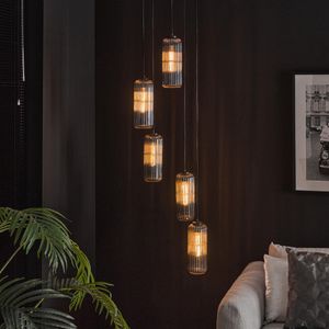 Hanglamp Artic zwart | 5 lichts getrapt | Cilinder rib smoke | 45x45x180 cm | eetkamer / woonkamer | industrieel / modern design