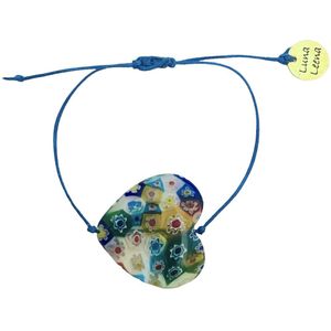 Luna-Leena duurzame armband hart met bloemetjes - L25cm - handgemaakt in Nepal - one size - handgemaakt in Nepal - bracelet blue - trendy - valentijn - cadeau - feestje - hartje - love - accessoire - sieraad