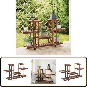 vidaXL Plantenstandaard - Met Wielen - Massief Vurenhout Plantenstandaard - Plantenrek - Houten Plantenrek - Vintage Plantenrek - Retro Stijl