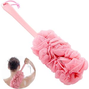 PULUZ - Badspons met handvat - Badspons - Badspons - Rugreinigingsspons - Netbadborstel - Badspons met lange steel - Ideaal voor spierontspanning - Unisex (roze)