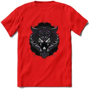 Tijger - Dieren Mandala T-Shirt | Paars | Grappig Verjaardag Zentangle Dierenkop Cadeau Shirt | Dames - Heren - Unisex | Wildlife Tshirt Kleding Kado | - Rood - M
