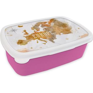 Broodtrommel Roze - Lunchbox - Brooddoos - Europa - Verf - Wereldkaart - 18x12x6 cm - Kinderen - Meisje