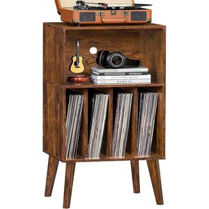 Draaitafel standaard, platenspeler-standaard biedt plaats aan maximaal 160 albums, Mid-Century vinyl opberghouder, tafel met houten poten, platenspeler-kast-displayplank voor woonkamer, wit
