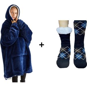 Hoodie deken Blauw + Bijbassende Huissok, deken met mouwen, Oversized hoodie deken, Unisex, One Size, Donker Blauw + Huissok