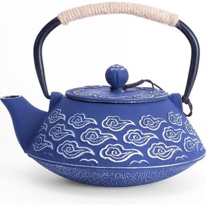 Gietijzeren Theepot, Japanse Theepot met Infuser, Theeketel Kookplaat Veilig, Zilver Gunstige Wolken Patroon 20oz, 800ml Blauw