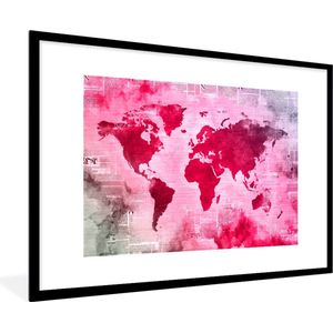 Fotolijst incl. Poster - Wereldkaart - Rood - Krant - 120x80 cm - Posterlijst