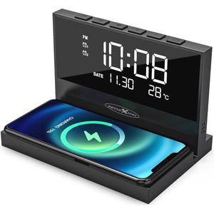 Draadloze oplader en wekker met groot display, nachtlampje en USB-oplaadfunctie