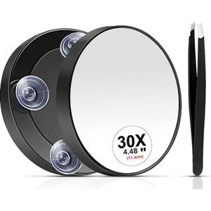 Cosmetische vergrootspiegel met zuignap - make up spiegel - Mini draagbare spiegel - 30x hoge definitie vergrootglas - Reisspiegel - Wordt geleverd met pincet voor ontharing - Zwart