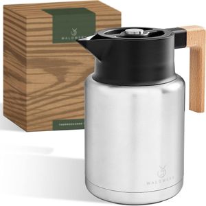 WALDWERK Thermoskanne (1.4L) - Koffiepot gemaakt van dubbelwandig 304 roestvrij staal en met nobele houten handgreep - isolerend blikje met druppelvrij gieten