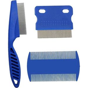 Knaak Luizenkam 3-delige Set - Vlooienkam voor Dieren - Blauw - RVS - Kattenkam - Hondenkam - Compact