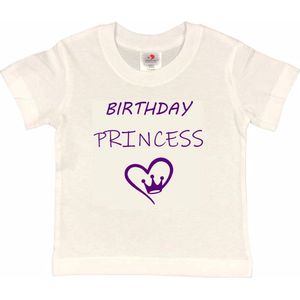 T-shirt Kinderen ""Birthday Princess"" | korte mouw | Wit/paars | maat 86/92 (XXS) Verjaardag Meisjes Prinses