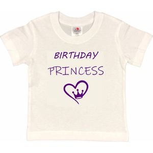 T-shirt Kinderen ""Birthday Princess"" | korte mouw | Wit/paars | maat 86/92 Verjaardag Meisjes Prinses