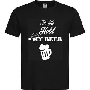 T-shirt Unisex Volwassenen Kerst Kerstmis Bier Man Grappig Tekst ""Ho Ho Hold my beer"" Op Voorkant | korte mouw | Zwart/Wit | maat S