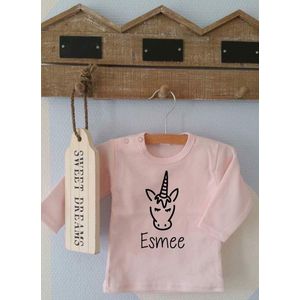 Shirtje roze Unicorn met naam | Lange of korte mouw | lichtroze| maat 56-110