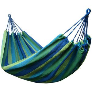 Hangmat Extra Breed - Stevige Canvas Dubbele Hangmat - Blauw - Groen - Gestreept - In Opbergtas + Bevestigingstouwen - Weerbestendig - Hammock - Outdoor - Camping - Zomer -